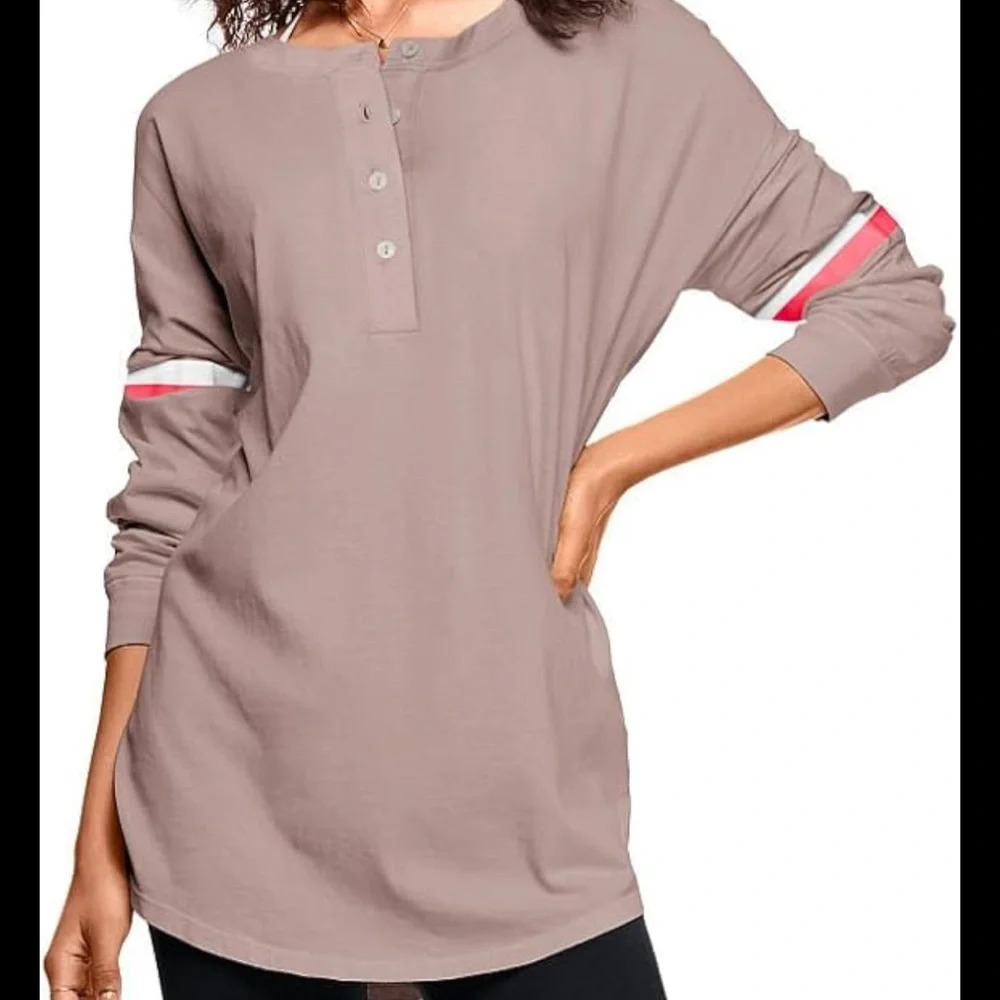 Victoria's Secret Pink beach tan Henley Campus Tee Oversized Long Sleeve top L